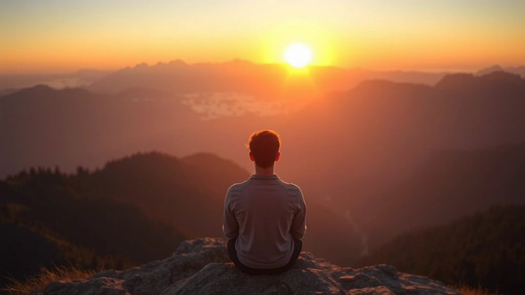 Person sitting peacefully on a mountain overlook at sunrise, hands resting on knees, serene expression, mountains and morning light in background, representing calm after overcoming stress