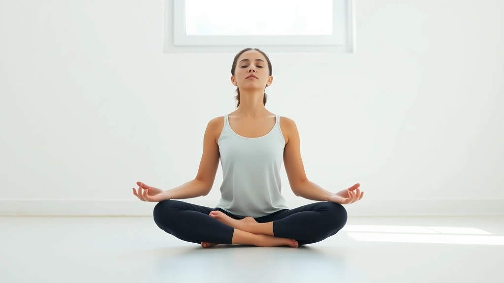 Woman doing breathing exercises in a bright minimalist room, sitting cross-legged with eyes closed, natural window light, peaceful atmosphere, embodying stress management
