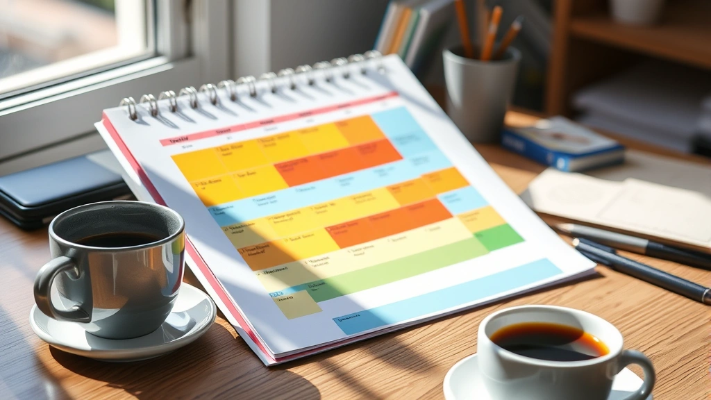 Professional organizing color-coded calendar and planner on desk with coffee, natural lighting, showing structured time management and organized approach to life