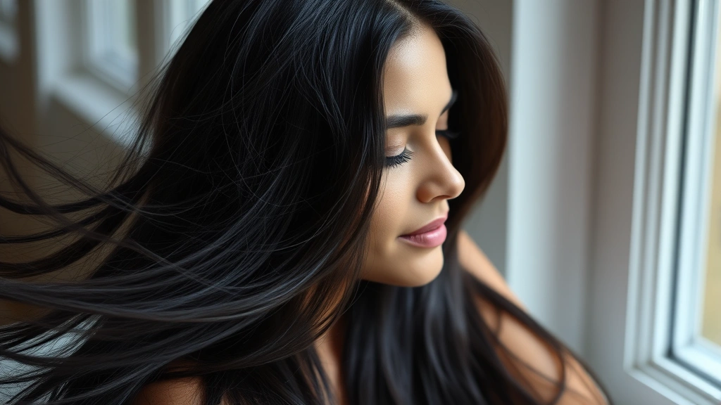 A serene woman with long, healthy, shiny dark hair flowing naturally, sitting near a window with soft natural light illuminating her scalp and hair texture, showing vibrant growth and vitality, peaceful expression of wellness and self-care commitment