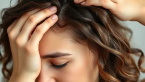 Woman with healthy, thick hair after hair oil treatment, showing scalp massage technique with fingertips, warm oil application, peaceful expression, natural lighting, close-up of hair texture improvement