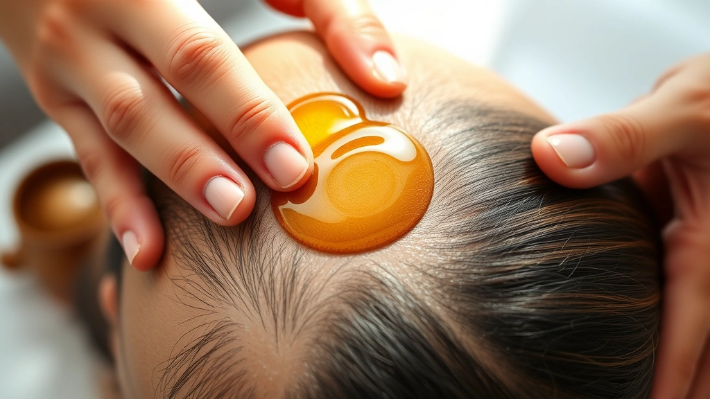 Close-up of hands massaging a scalp with oil, showing circular massage technique with warm golden oil, healthy scalp texture visible, professional dermatological treatment demonstration with natural lighting emphasizing the therapeutic motion