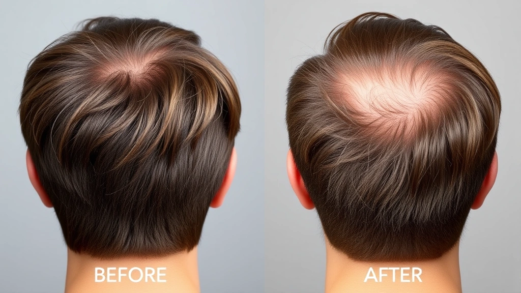 Before and after hair density comparison showing noticeable growth improvement, person from behind displaying fuller hair volume, professional lighting, realistic results, healthy scalp visible