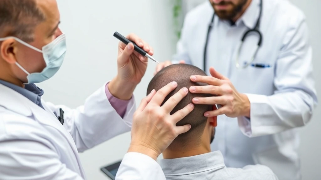 Dermatologist examining patient's scalp with professional tools, clinical setting, discussing hair growth treatment plan, both wearing professional attire, focused on scalp health assessment and consultation