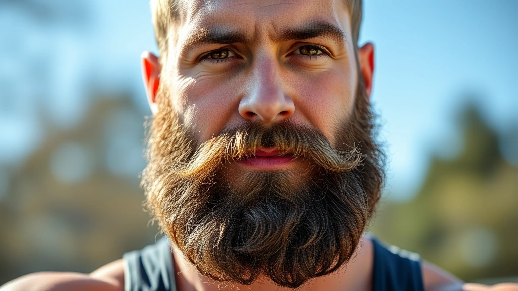 Athletic man with full, thick beard demonstrating healthy facial hair growth, outdoor natural lighting, confident expression, close-up of face showing beard density and texture