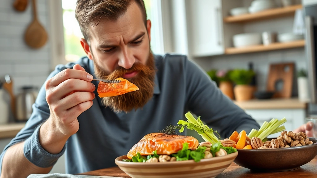 Man eating nutritious meal with protein-rich foods including salmon, vegetables, and nuts, bright kitchen setting, emphasizing healthy nutrition for beard growth