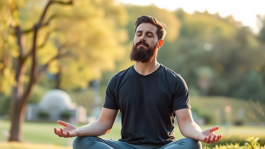 Calm man meditating or doing yoga in peaceful environment, stress management for hormonal health, serene natural background, demonstrating lifestyle practices supporting beard development