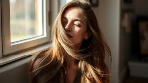 Woman with long, healthy, shiny hair flowing naturally in sunlight, serene expression, sitting peacefully indoors near a window, natural lighting highlighting hair texture and shine