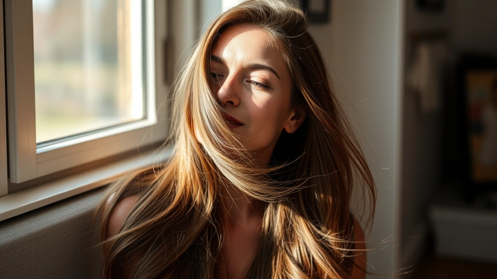 Woman with long, healthy, shiny hair flowing naturally in sunlight, serene expression, sitting peacefully indoors near a window, natural lighting highlighting hair texture and shine