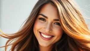 Woman with vibrant, thick, healthy hair flowing in natural light, smiling confidently, close-up of hair texture showing shine and volume, photorealistic wellness aesthetic