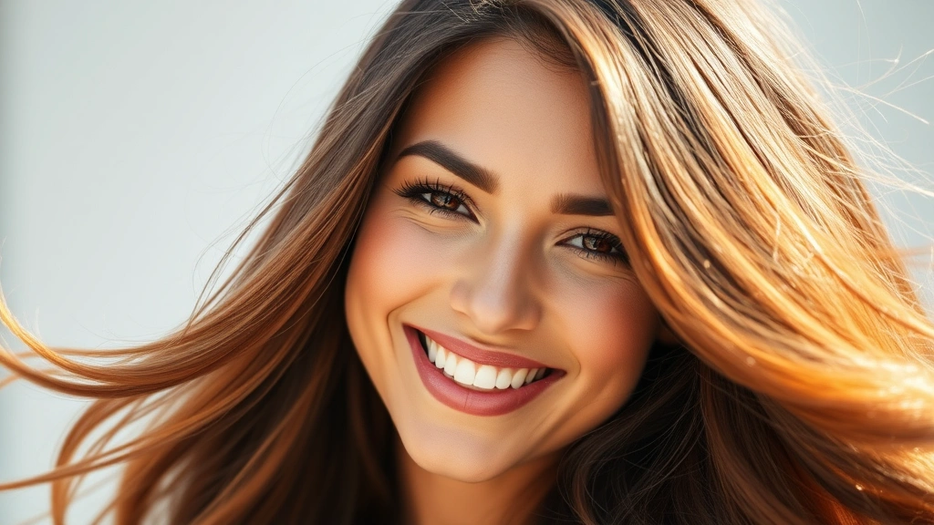 Woman with vibrant, thick, healthy hair flowing in natural light, smiling confidently, close-up of hair texture showing shine and volume, photorealistic wellness aesthetic
