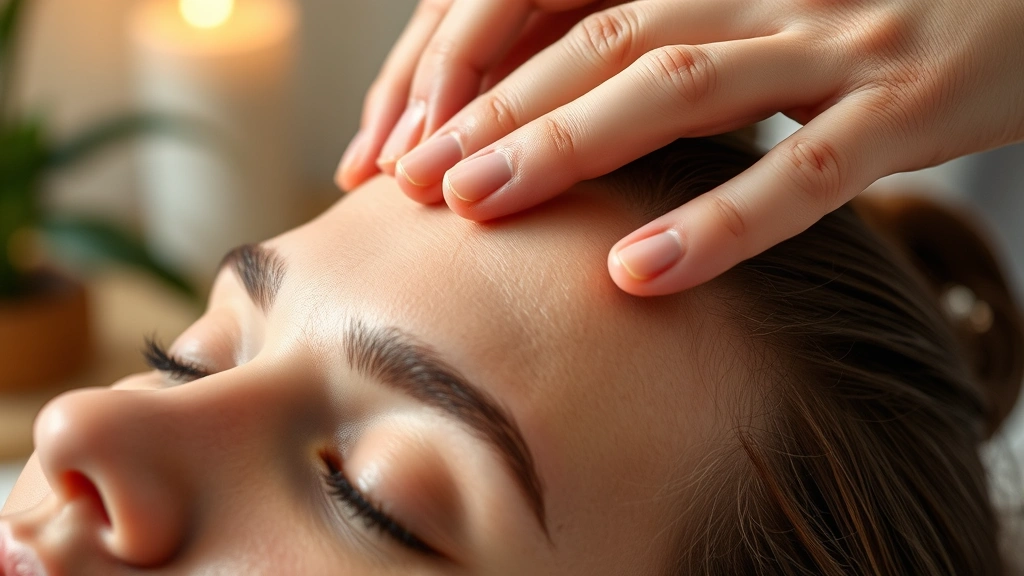 Close-up of scalp massage technique being performed with fingers on healthy scalp, demonstrating proper massage motion, serene wellness environment with soft lighting