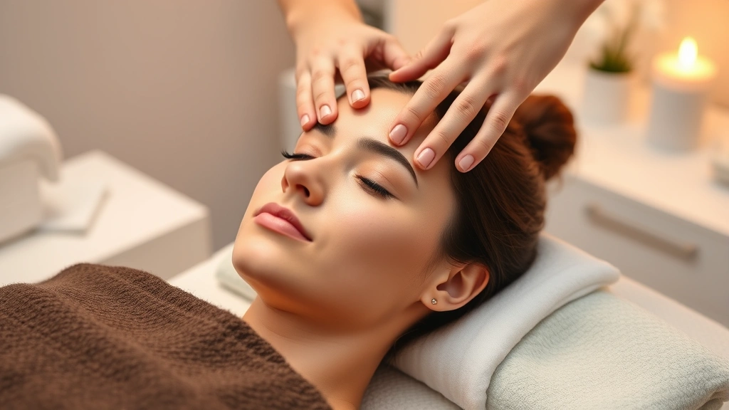 Person receiving professional scalp massage treatment at dermatology clinic, hands massaging scalp with focused, therapeutic technique, spa-like environment, warm lighting