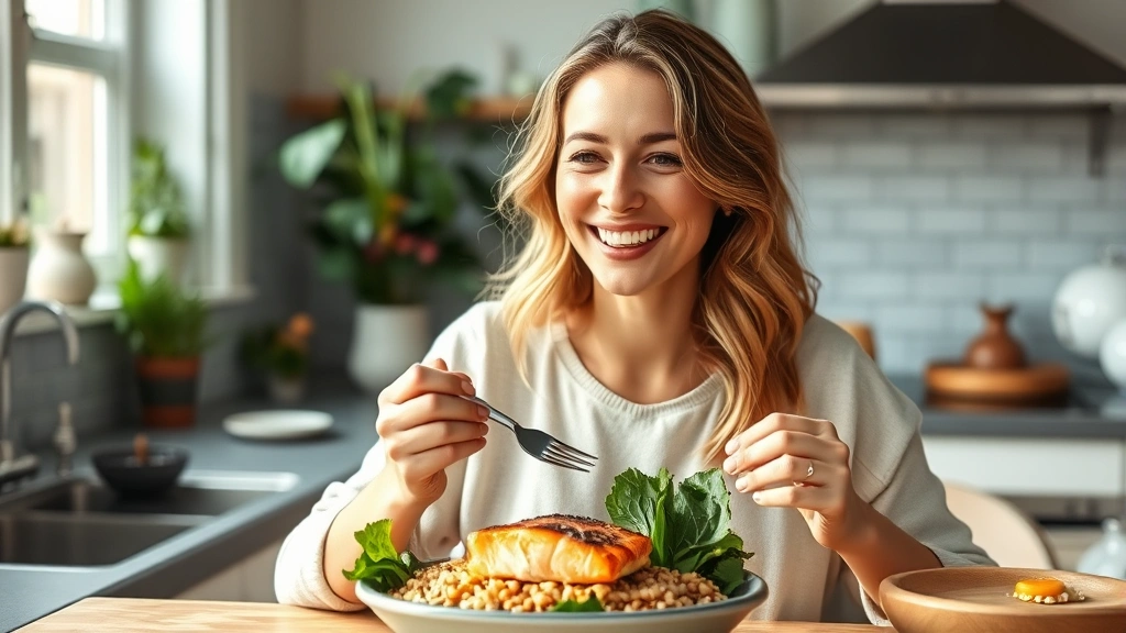 Woman eating nutritious meal with salmon, leafy greens, and whole grains, radiating health and vitality, bright kitchen setting with natural light