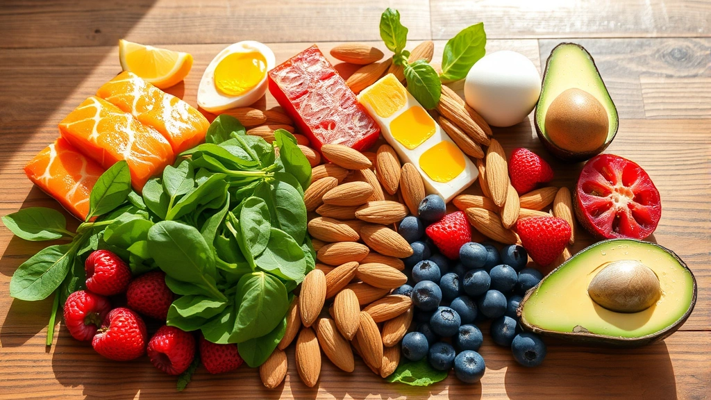 Colorful array of nutrient-rich foods for hair health: salmon, eggs, almonds, spinach, berries, avocado arranged artfully on wooden table, natural sunlight, fresh and vibrant