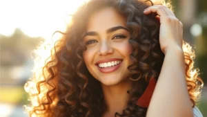 Woman with glowing, healthy thick hair in natural sunlight, touching hair with joy and confidence, close-up of luscious curls, professional beauty photography, warm tones