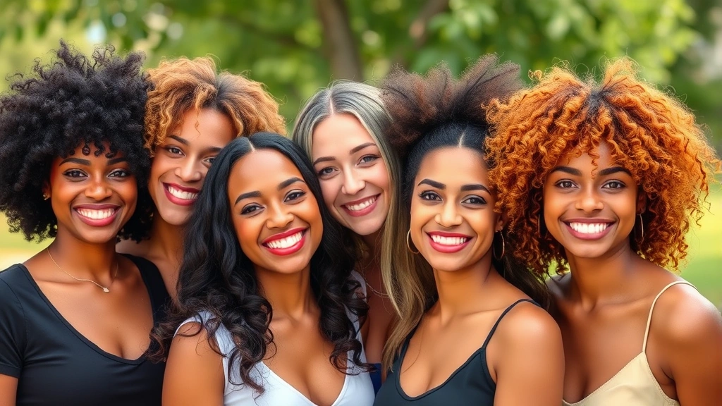 Diverse group of people displaying vibrant, healthy hair textures - curly, straight, wavy - all smiling confidently, outdoor natural setting, representing hair care success stories