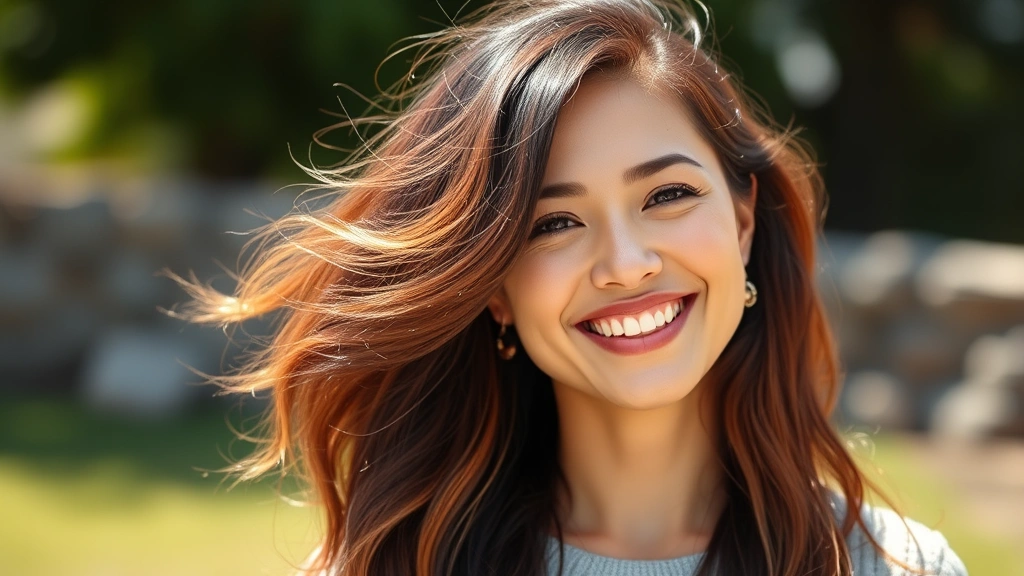 Woman with shiny, healthy thick hair in natural sunlight, smiling confidently, wearing casual comfortable clothing, professional wellness photography style