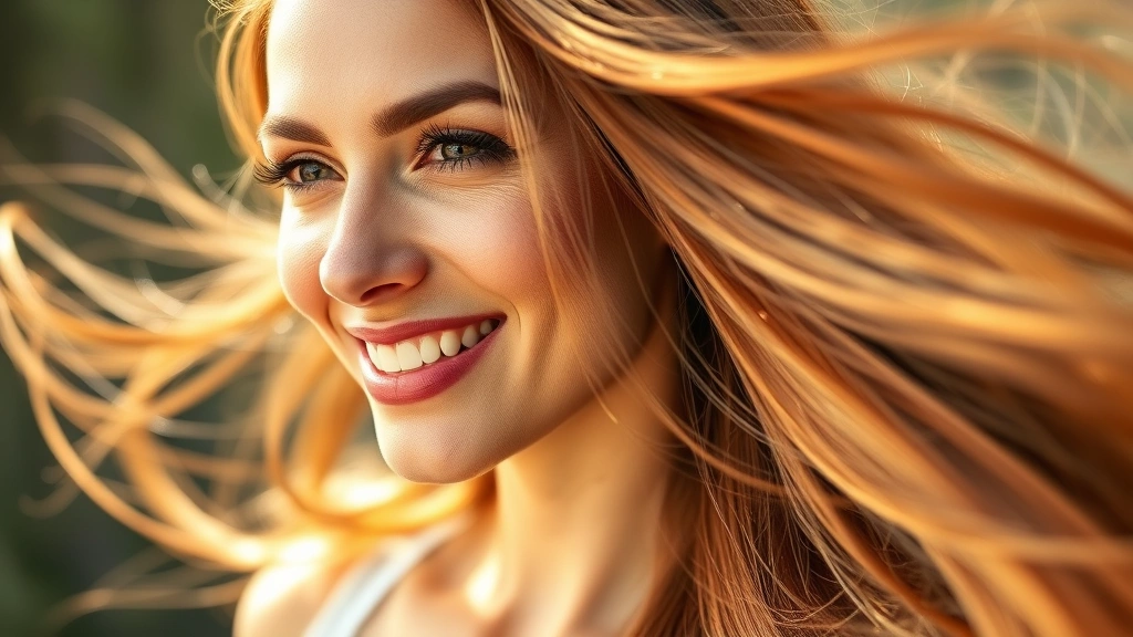 Woman with flowing, healthy shiny hair in natural sunlight, looking confident and radiant, close-up of hair texture showing vitality and strength, photorealistic, no text or graphics