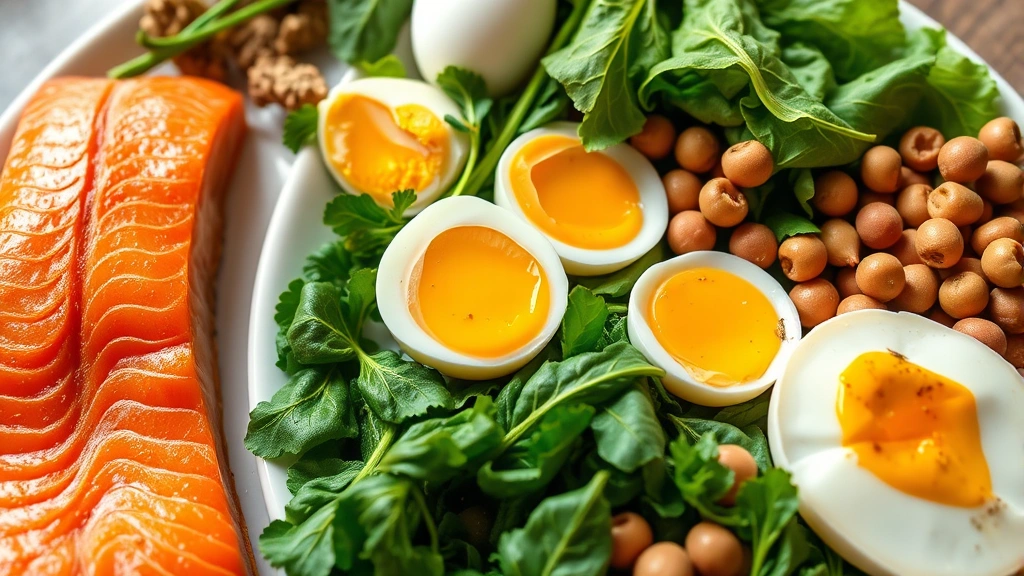 Close-up of nutritious food spread including salmon, eggs, leafy greens, and legumes on wooden table, vibrant natural lighting emphasizing food quality