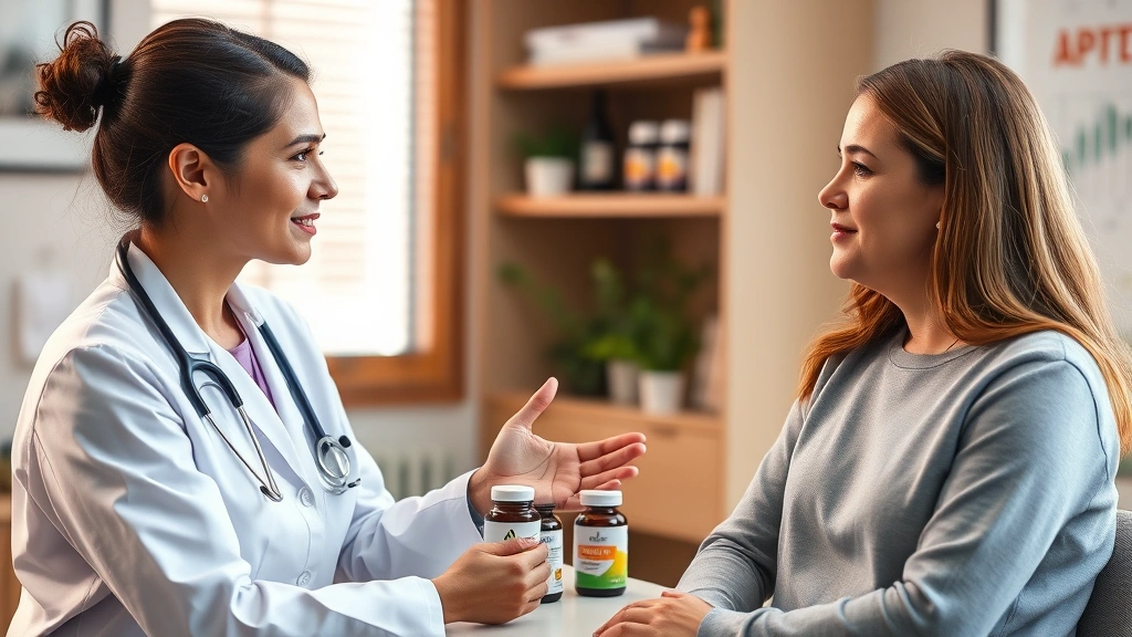 Healthcare professional consulting with patient about nutritional health, discussing supplement bottles and blood test results, warm clinical setting, photorealistic professional environment