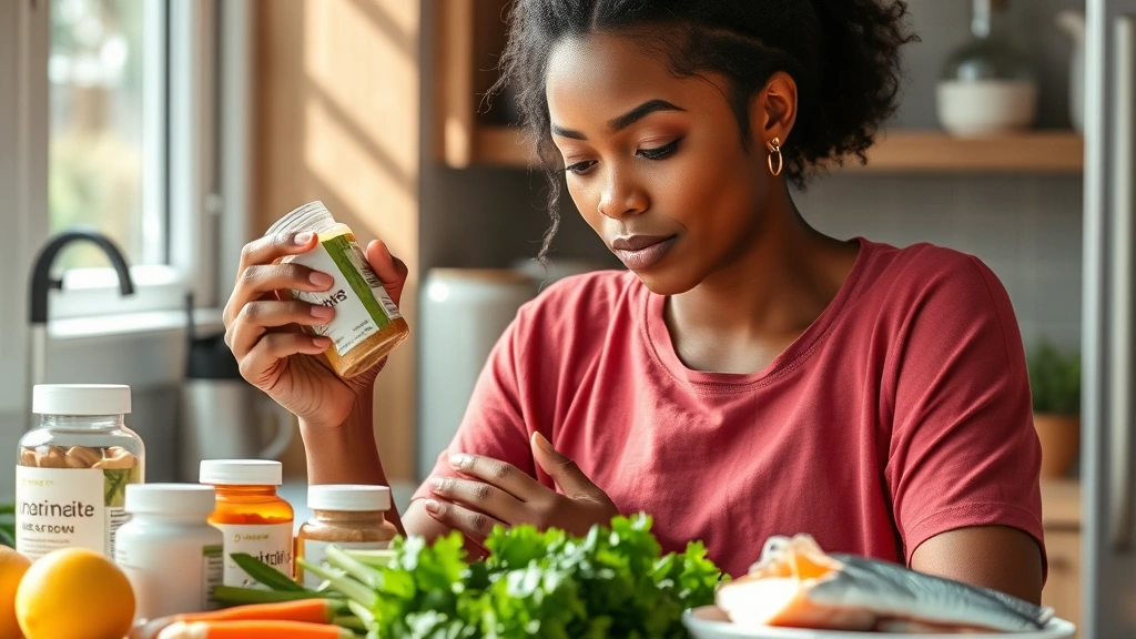 Diverse woman examining supplement bottles and nutrient-rich foods including leafy greens and fish, considering health options, bright natural kitchen lighting, photorealistic wellness scene