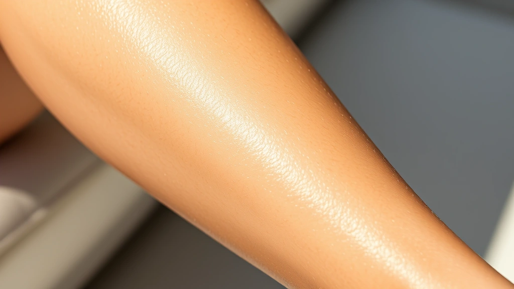 Close-up of smooth, glowing skin on woman's leg, natural lighting, emphasizing skin texture and radiance after hair removal treatment
