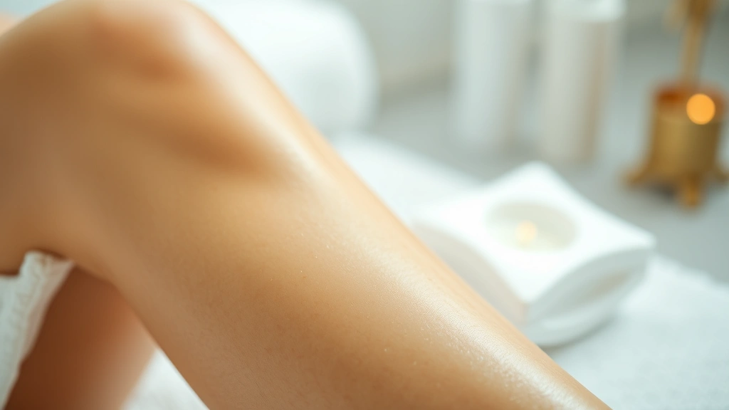 Close-up of smooth skin on woman's leg after professional waxing treatment, natural lighting, showing skin texture and smoothness, peaceful spa-like setting with soft focus background