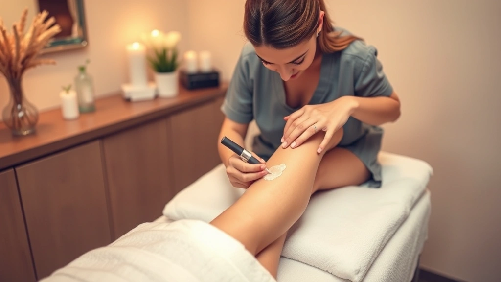Woman in spa setting receiving professional waxing treatment on leg, professional esthetician applying wax, calm relaxing atmosphere with warm tones