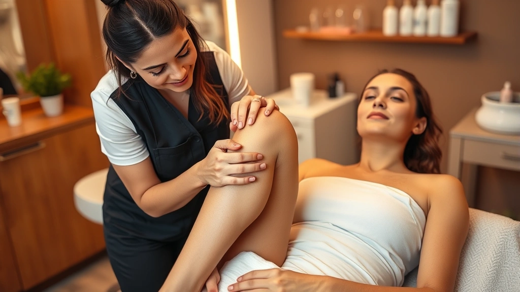 Woman receiving professional waxing treatment on legs from esthetician, warm professional salon environment, showing proper technique and care, calm confident expression