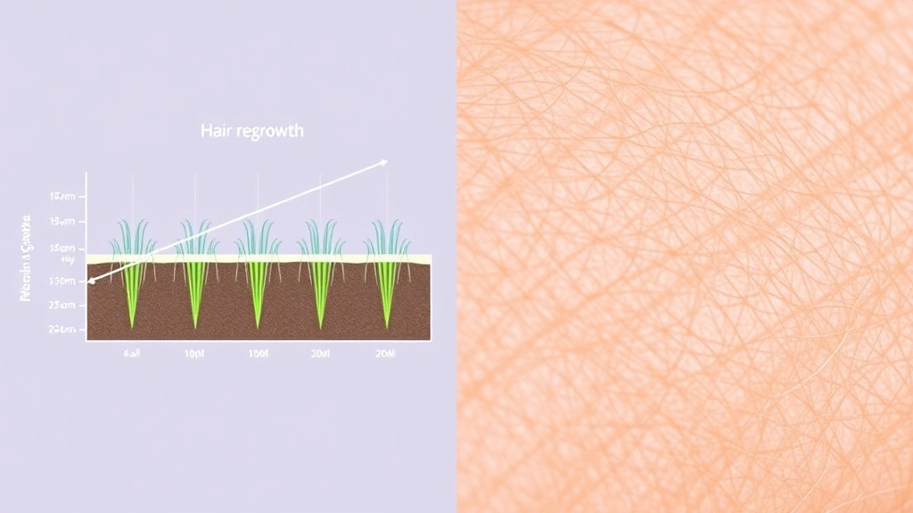 Split-screen comparison showing hair growth cycle diagram on left and close-up of skin texture on right, demonstrating hair regrowth stages