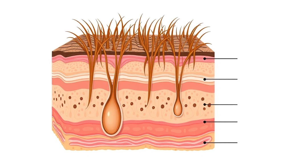 Cross-section scientific illustration style showing hair follicle structure and growth phases during waxing process, clear anatomical detail, professional medical aesthetic without text overlay