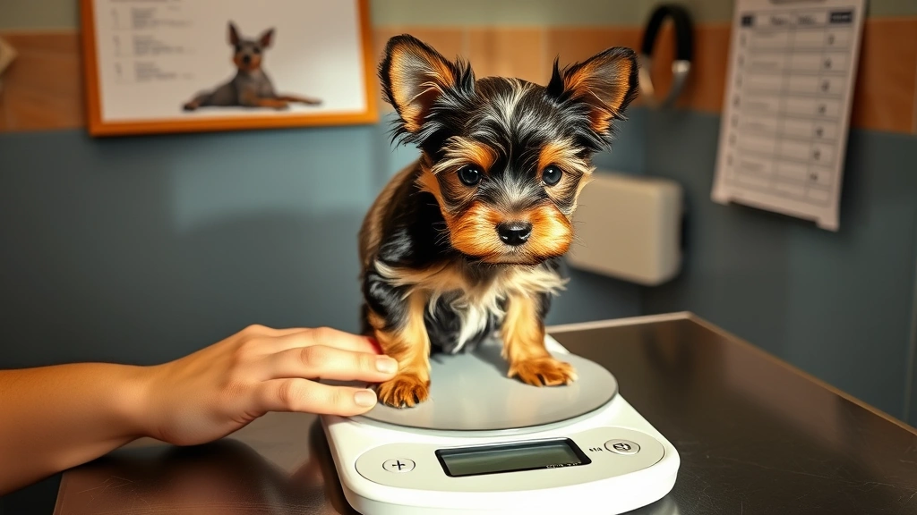 A person carefully weighing a small Yorkshire Terrier puppy on a digital scale in a veterinary clinic, with growth chart visible on clipboard in background, warm natural lighting showing the gentle interaction between owner and puppy