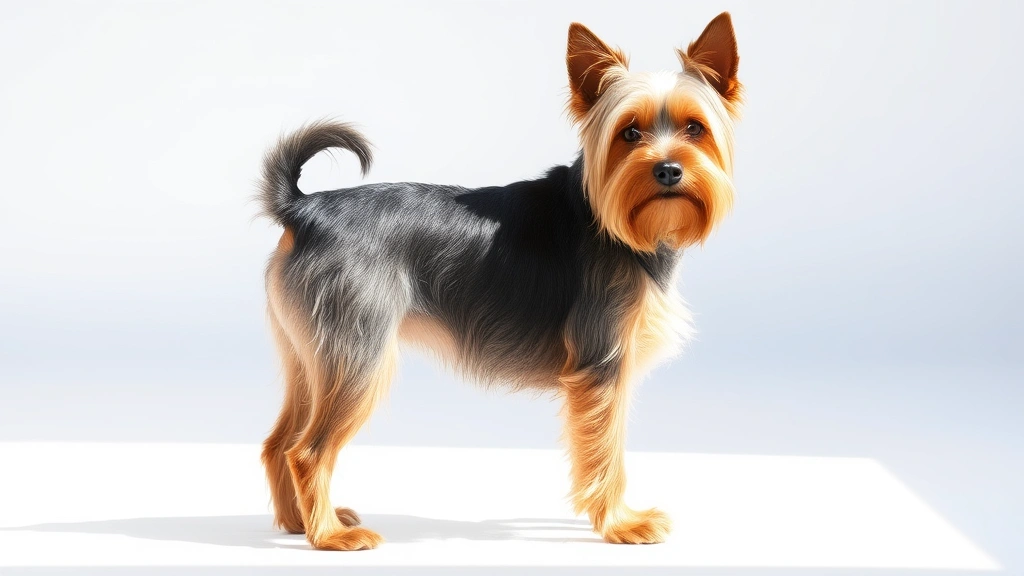 A healthy adult Yorkshire Terrier standing in show position on a white surface, displaying ideal body condition with visible waist and proper proportions, natural daylight illuminating the dog's silky coat