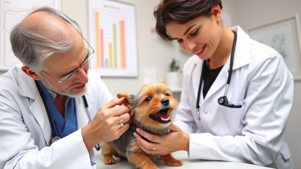 A veterinarian performing a thorough physical examination on a young Yorkie puppy, checking teeth and dental development, with owner watching attentively, professional medical office setting with growth charts on wall