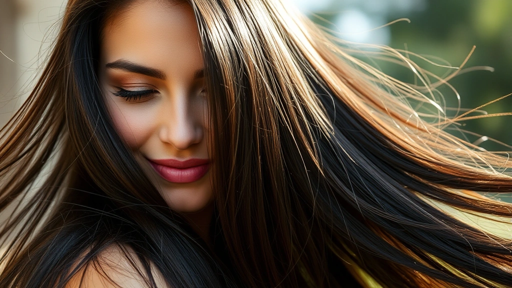 Woman with long, glossy, healthy dark hair flowing freely, natural sunlight highlighting the shine and volume, close-up of hair texture showing strength and vitality, serene expression suggesting wellness and confidence, outdoor setting with soft diffused lighting