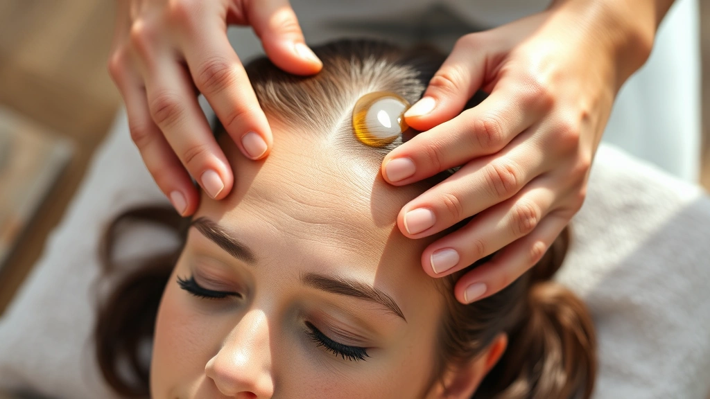 Hands performing gentle circular scalp massage motions on a person's head, warm golden oil visible, peaceful facial expression, natural lighting, showing proper massage technique with fingers positioned on scalp, conveying relaxation and self-care ritual