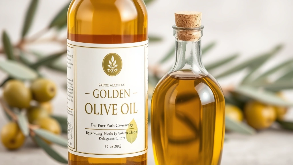 Bottle of pure golden olive oil with authentic amber glass, liquid visible showing quality and richness, natural background with olive branches or Mediterranean elements, professional product photography style, no labels or text visible, emphasizing purity and natural origin