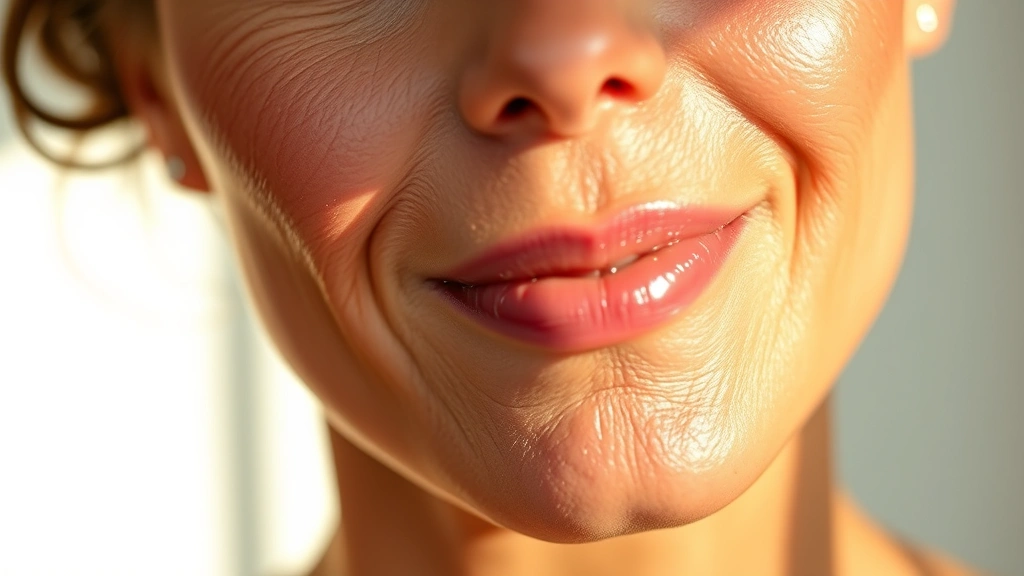 Close-up of radiant, glowing skin with visible firmness and smooth texture, warm natural lighting highlighting skin luminosity, woman in 40s with renewed complexion, photorealistic dermatological quality