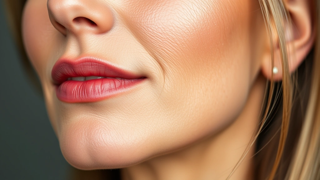 Close-up of glowing, radiant skin with visible firmness and refined texture, soft natural lighting highlighting luminous complexion, woman in her 40s with healthy vibrant skin