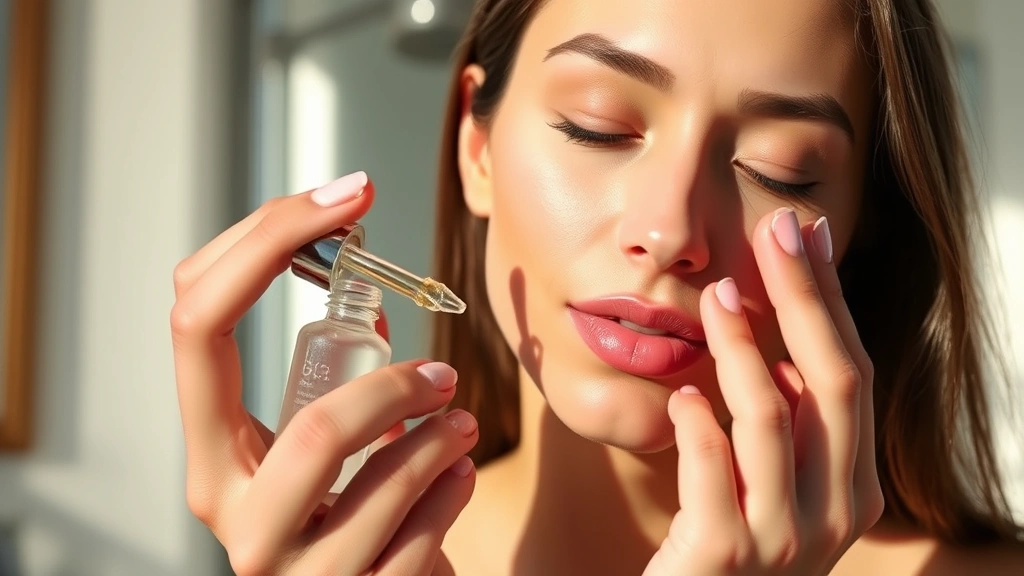 Serene skincare application moment: person gently applying clear serum to cheek with dropper, morning sunlight, peaceful expression, minimalist bathroom background, focusing on skin health ritual