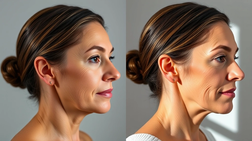 Before-and-after side profile showing skin transformation with improved elasticity and reduced fine lines, professional lighting emphasizing skin texture and firmness improvements, natural skin tone enhancement visible