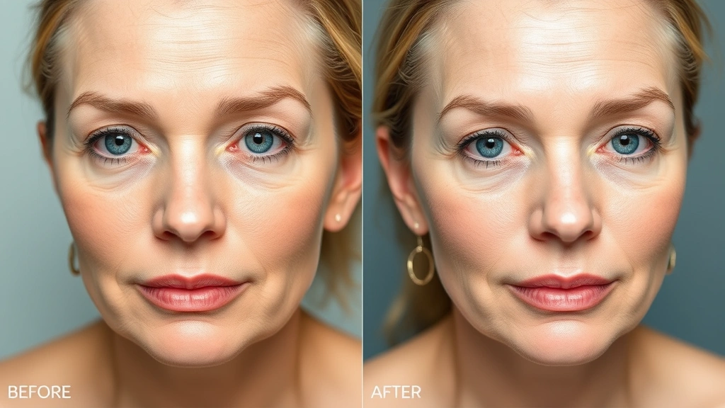 Before-and-after skin transformation: left side showing fine lines and dullness, right side displaying firmness, radiance and refined texture, split-screen comparison of skin rejuvenation