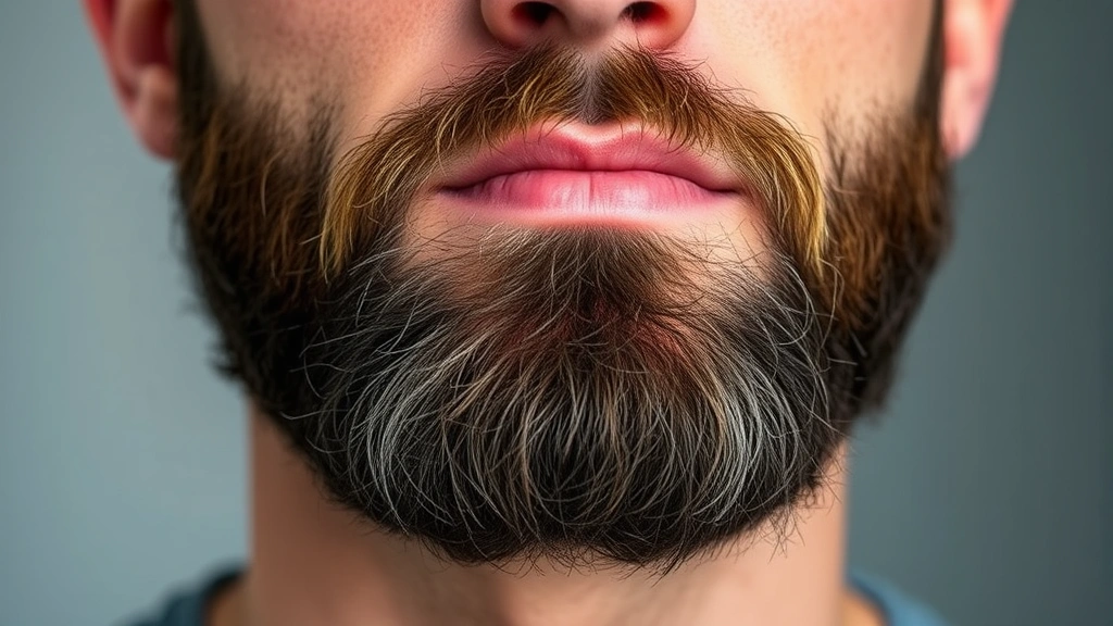 Close-up of a man's face showing healthy, thick beard growth at the one-month mark, well-groomed with defined cheeklines, natural lighting highlighting beard texture and density, professional grooming appearance