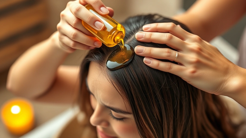 Woman applying golden oil to scalp with focused expression, warm lighting, hands massaging hair roots, close-up of healthy scalp, serene spa-like environment