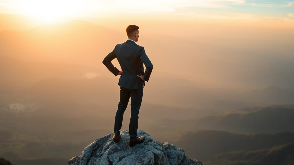 A determined professional standing at the edge of a mountain peak at sunrise, looking out at vast expansive landscape below, hands on hips, embodying confidence and vision for limitless possibilities ahead