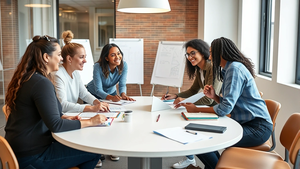 A diverse group of four people in a collaborative brainstorming session around a modern table, leaning forward engaged, with whiteboards and notebooks visible, representing accountability and community-driven growth