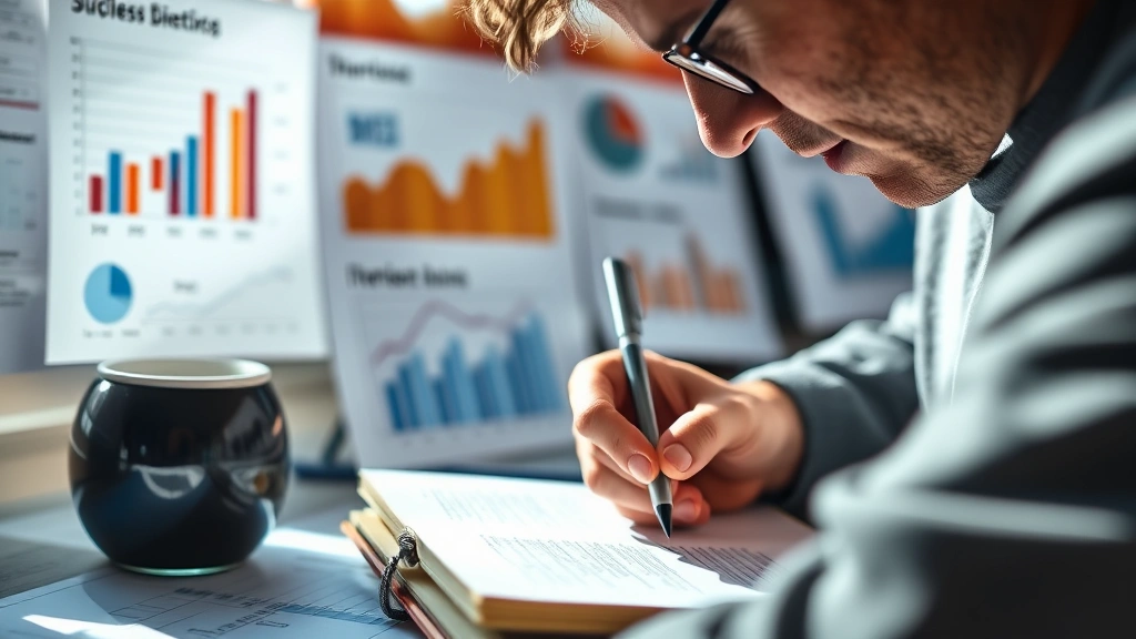 A close-up of someone writing in a journal or taking notes with focused intensity, surrounded by success metrics and progress charts, natural light streaming in, showing commitment to tracking and iteration