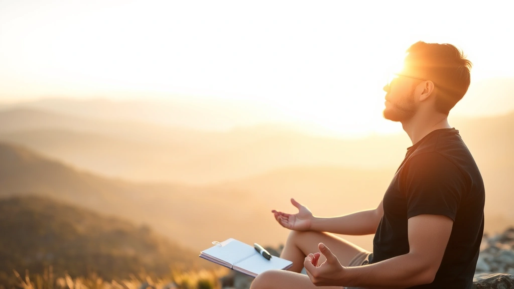 Person meditating at sunrise on mountain peak, peaceful determined expression, notebook and pen nearby, golden morning light, natural landscape background, personal growth moment, no text visible