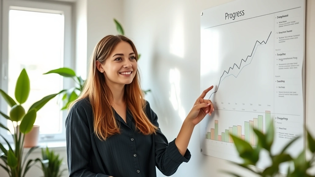 Young professional woman reviewing progress charts on whiteboard wall, satisfied smile, morning workspace, plants in background, natural light, growth visualization, no written data visible